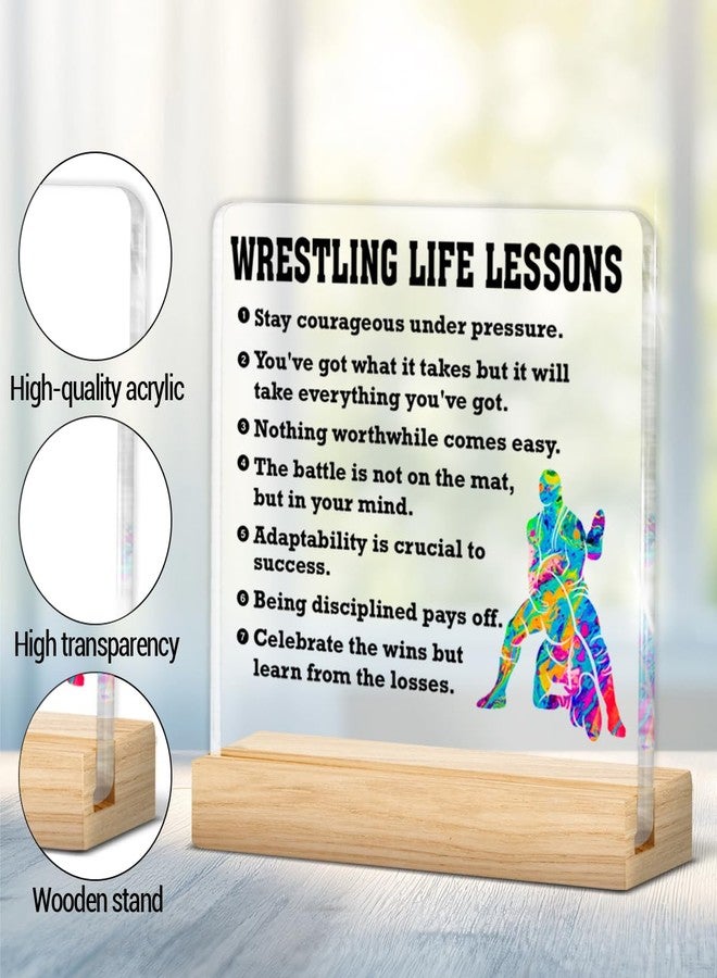 QODMGD Wrestling Gifts for Men, Motivational Gifts for Wrestlers, Wrestling Life Lessons Acrylic Plaque Sign with Wooden Stand Home Office Decor - Image 3